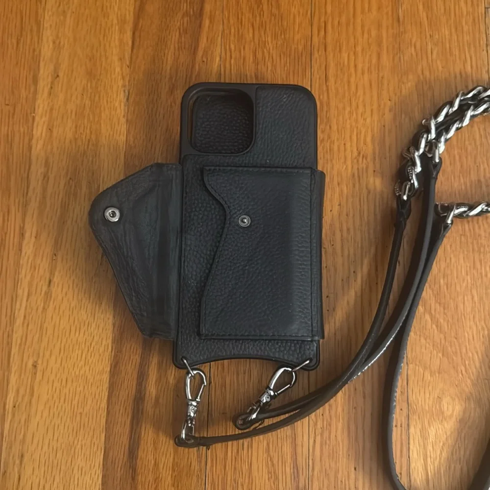 Bandolier Black Leather Phone Crossbody with Silver-Tone Chain Strap